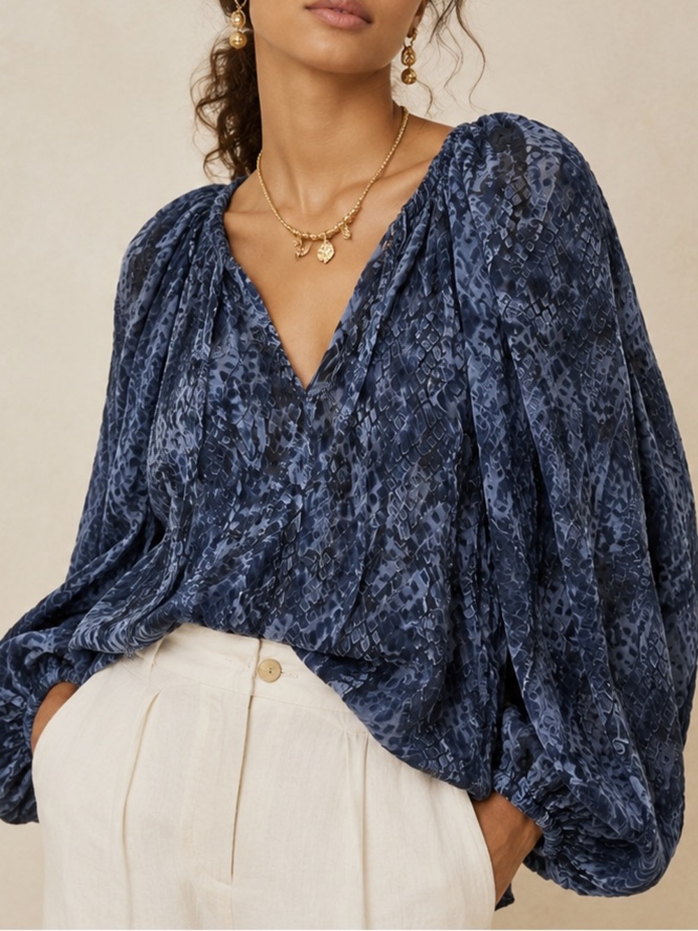 Ulla Johnson Blue Burnout Velvet Balloon Sleeve Blouse